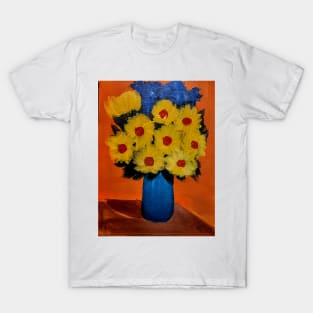 Some sunflowers and blue flowers mixed medium and metallic paints. T-Shirt